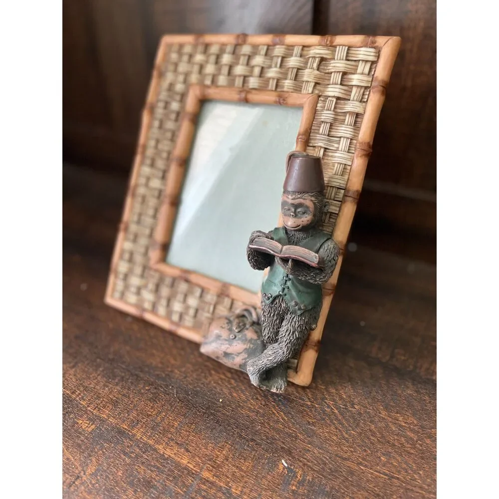 Vintage Monkey Bamboo Picture Frame | 4x5  | Wicker Rattan | Whimsical Safari